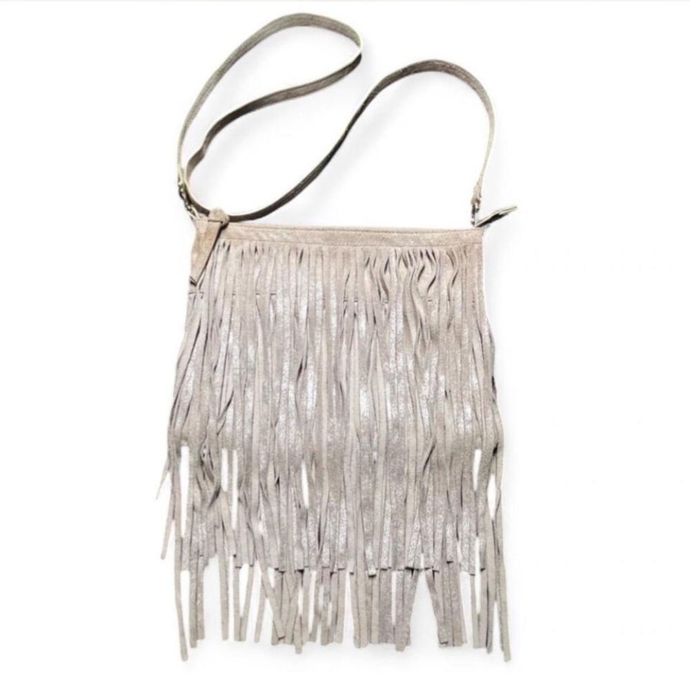 Chicos Frangetta Silver Metallic/Light Grey Suede Leather Fringe Crossbody